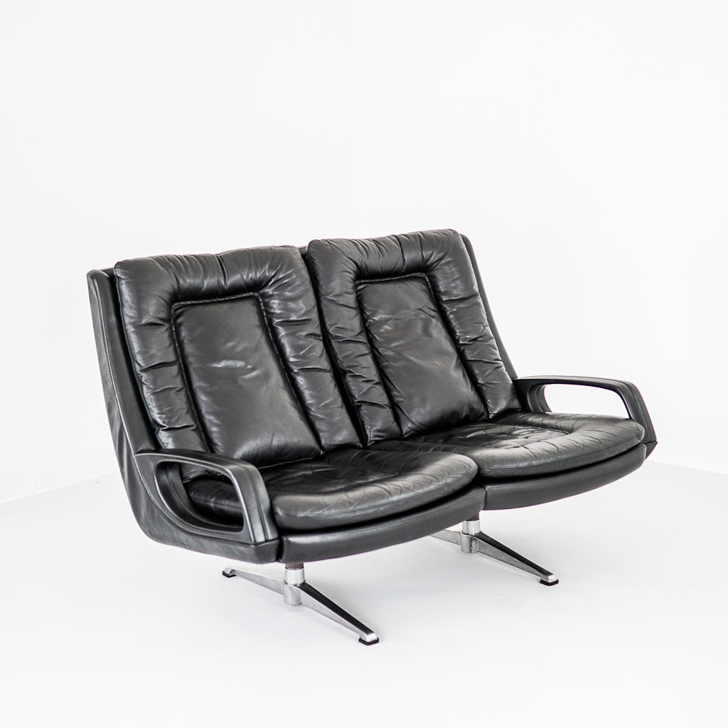 Two Seater Sofa in Black Leather | Carl Straub | Germany | 1950s
