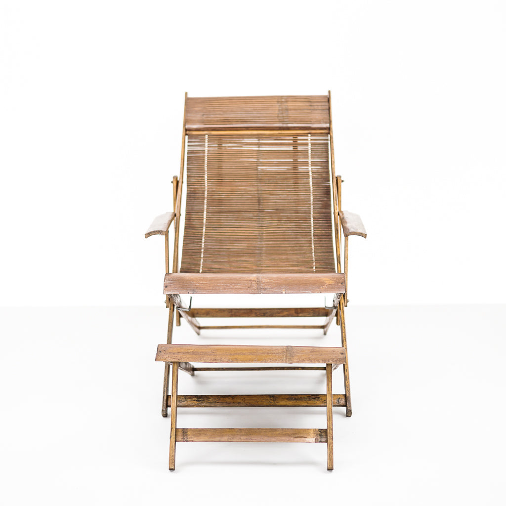 Vintage Bamboo Lounger With Armrests and Hocker | Japanese | 1930S