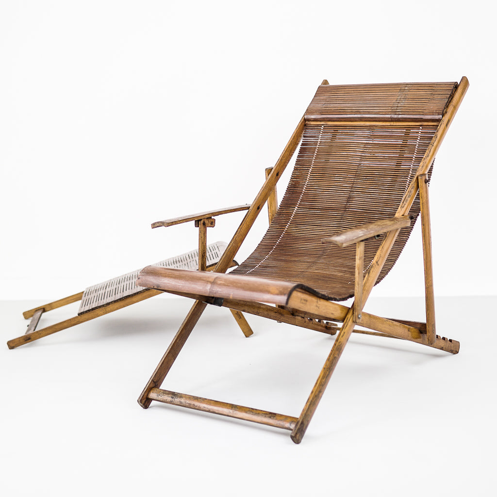 Vintage Bamboo Lounger With Armrests and Hocker | Japanese | 1930S